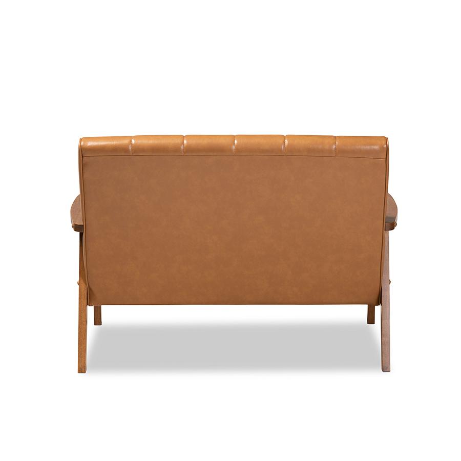 Leather Upholstered and Walnut Brown finished Wood Loveseat. Picture 4