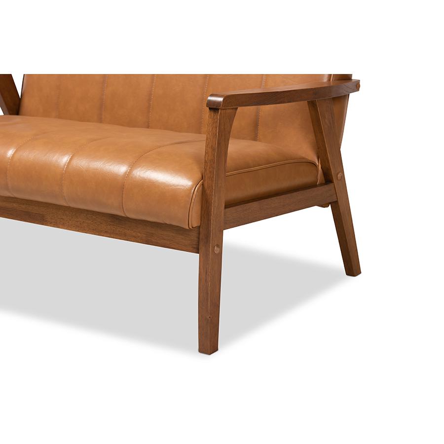 Leather Upholstered and Walnut Brown finished Wood Loveseat. Picture 6