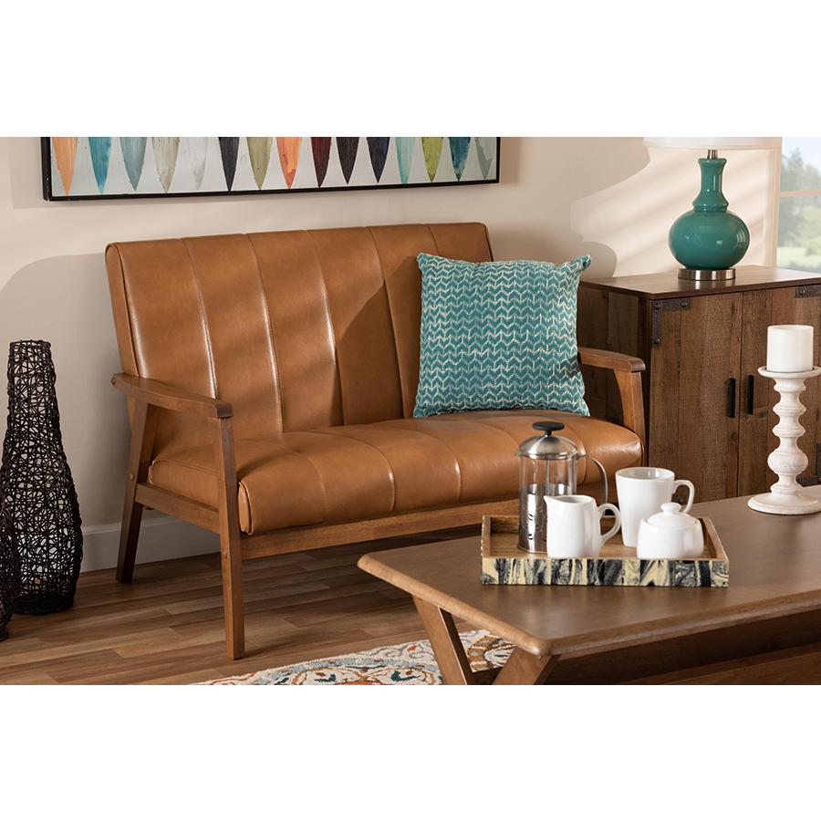 Leather Upholstered and Walnut Brown finished Wood Loveseat. Picture 7