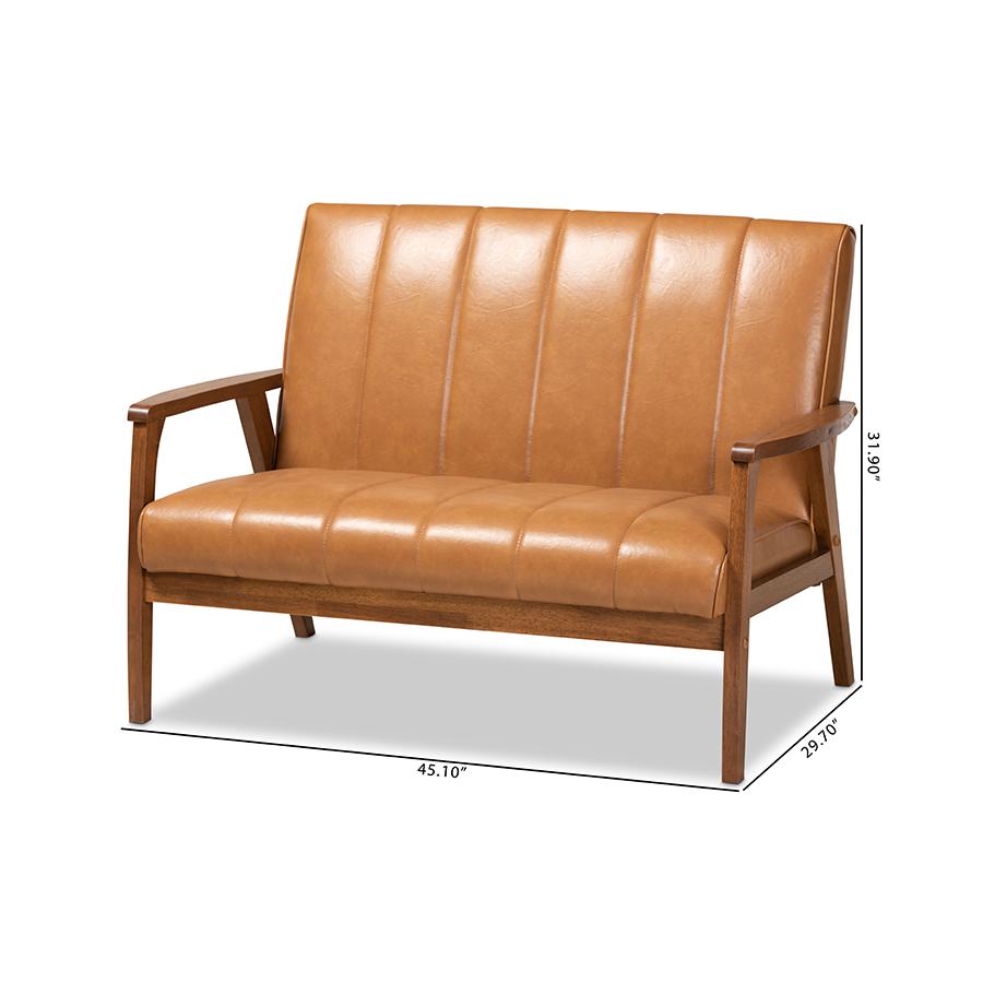 Leather Upholstered and Walnut Brown finished Wood Loveseat. Picture 9