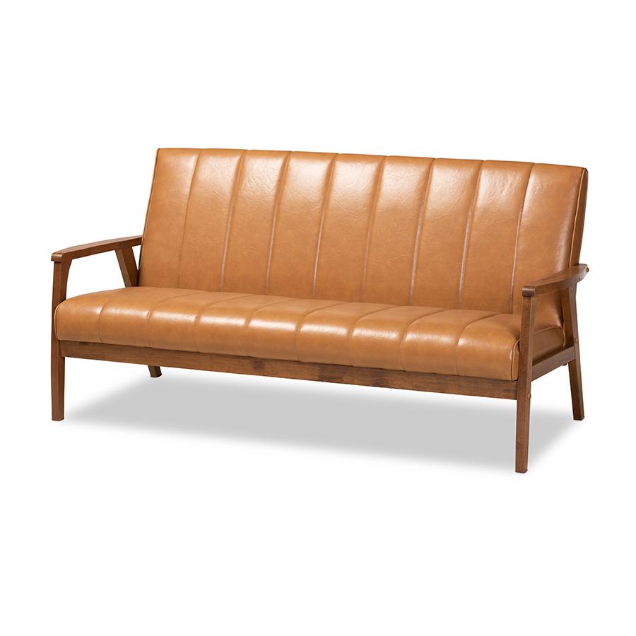 Leather Upholstered and Walnut Brown finished Wood Sofa. Picture 1