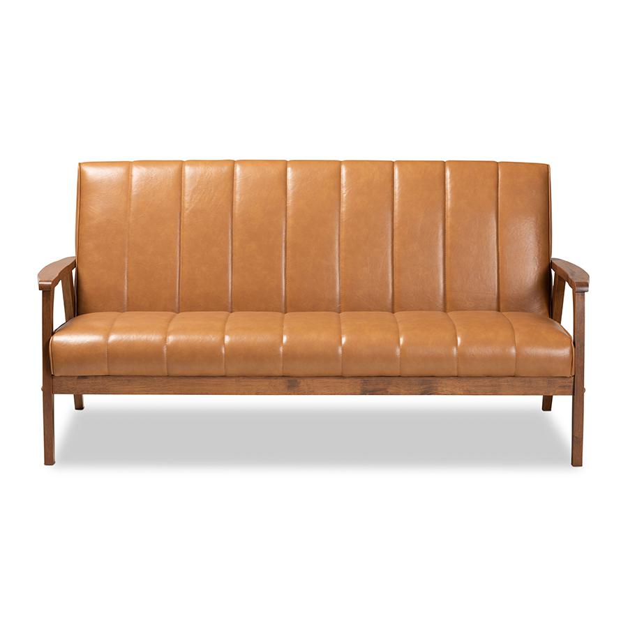 Leather Upholstered and Walnut Brown finished Wood Sofa. Picture 2