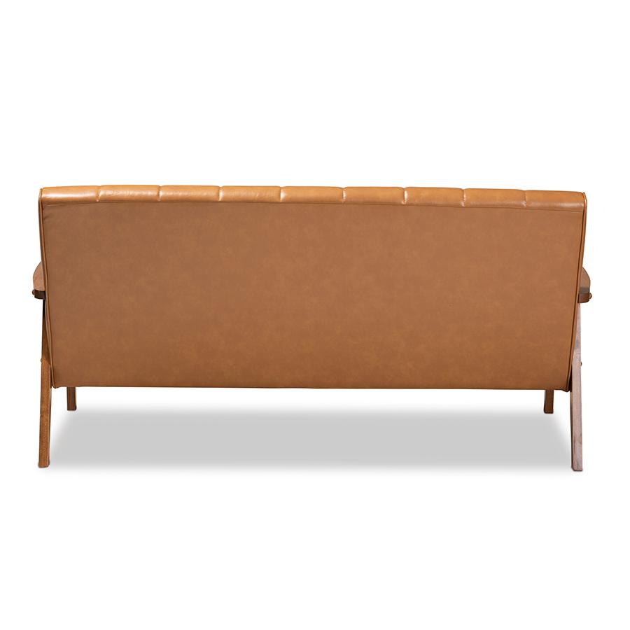 Leather Upholstered and Walnut Brown finished Wood Sofa. Picture 4