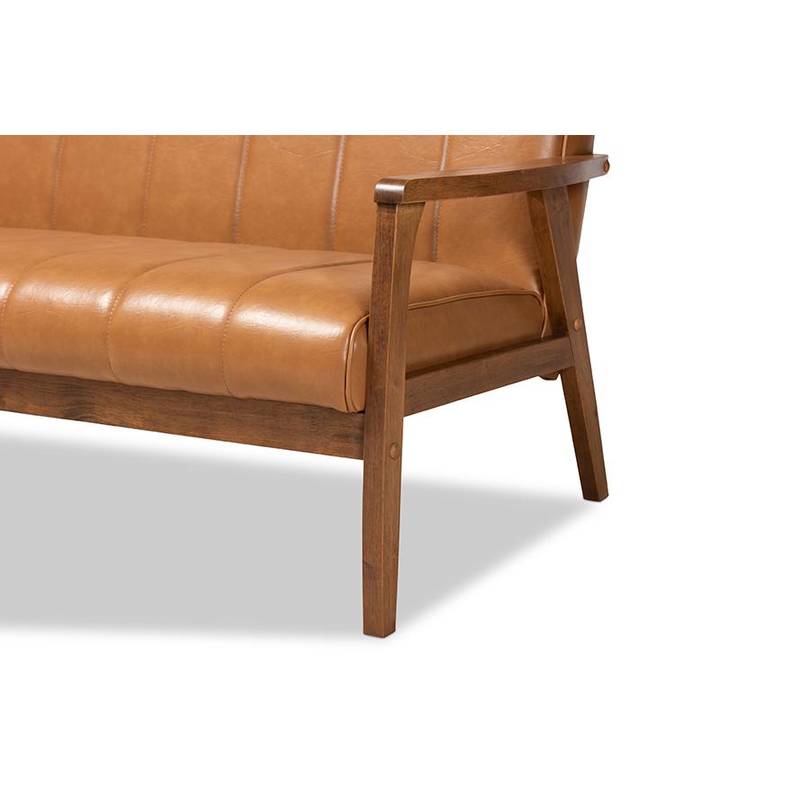 Leather Upholstered and Walnut Brown finished Wood Sofa. Picture 6