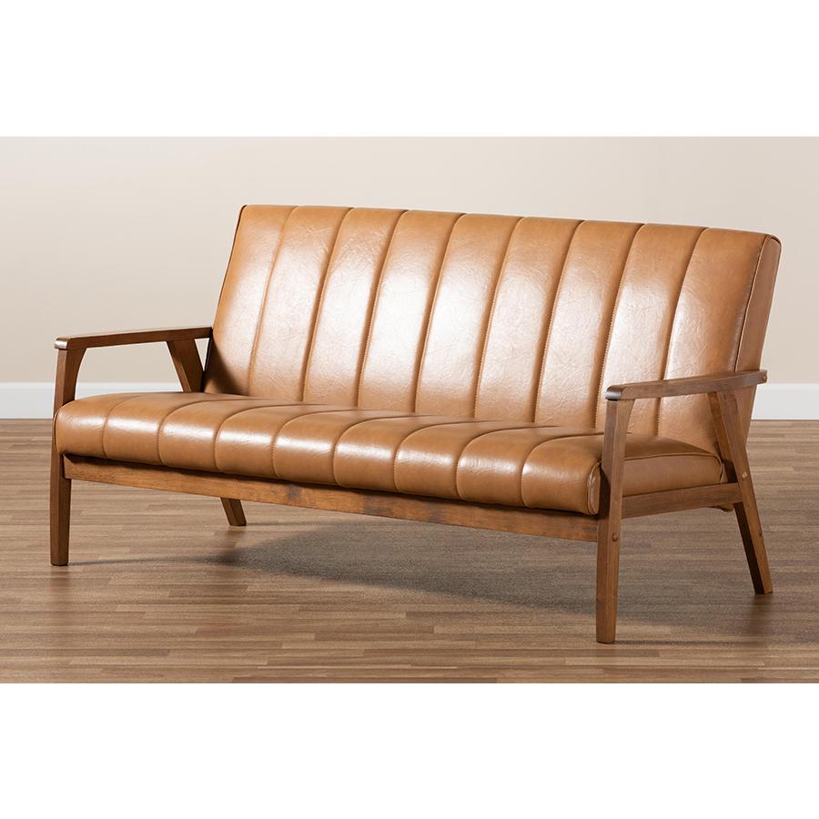 Leather Upholstered and Walnut Brown finished Wood Sofa. Picture 8