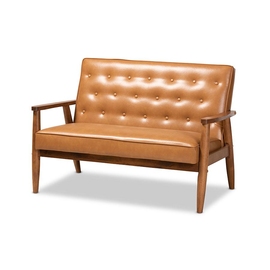 Leather Upholstered and Walnut Brown Finished Wood Loveseat. Picture 1