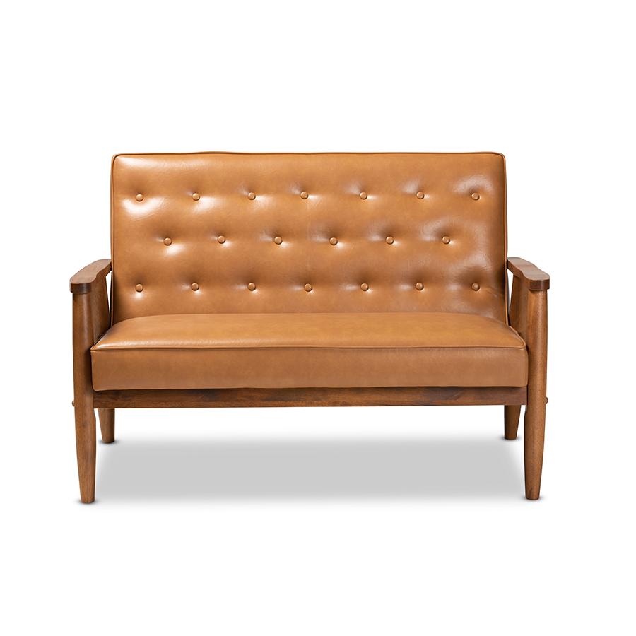Leather Upholstered and Walnut Brown Finished Wood Loveseat. Picture 2