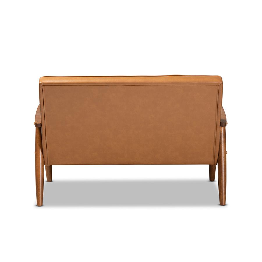 Leather Upholstered and Walnut Brown Finished Wood Loveseat. Picture 4