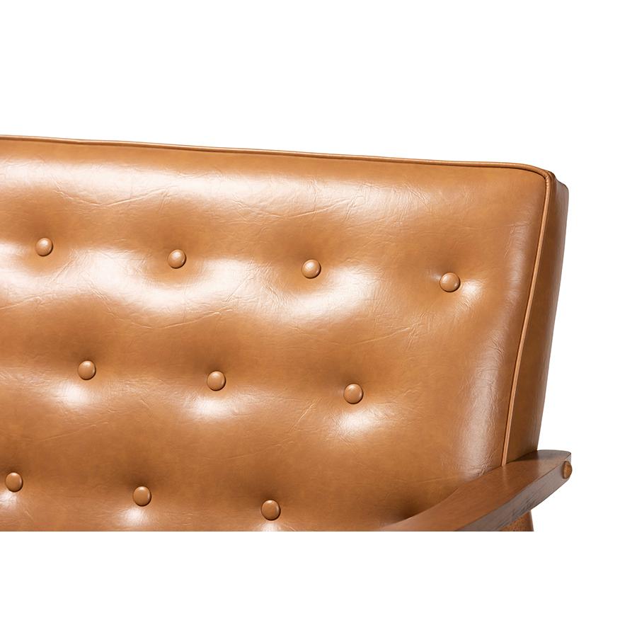 Leather Upholstered and Walnut Brown Finished Wood Loveseat. Picture 5