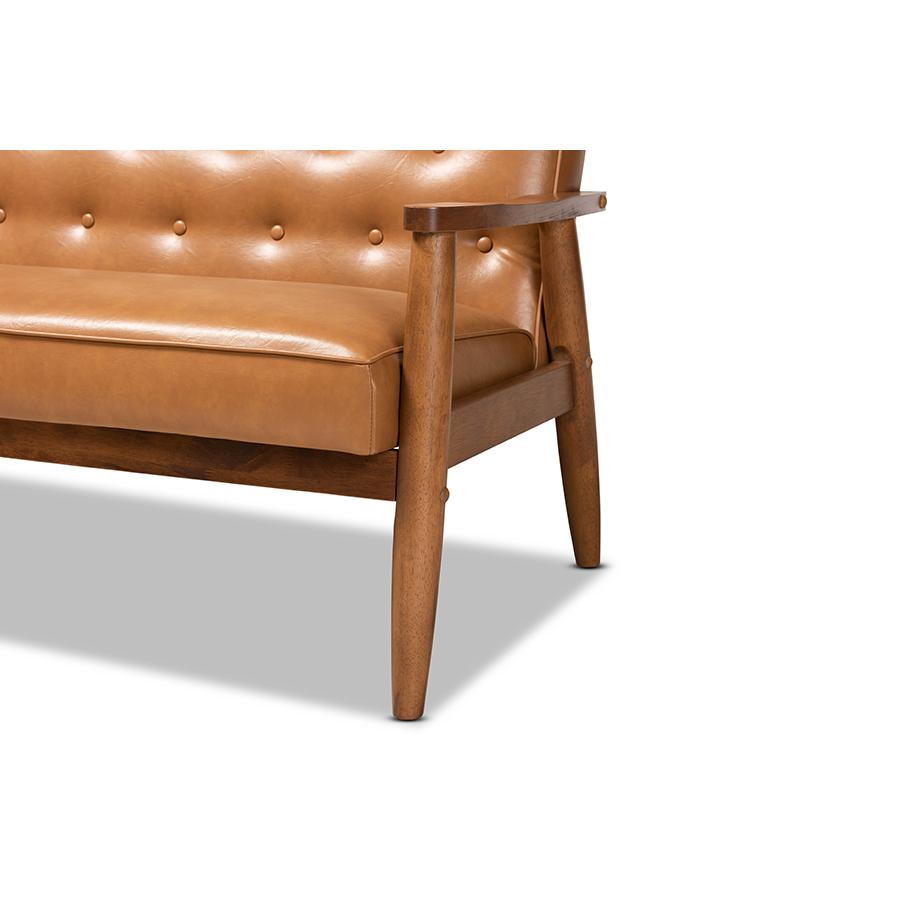 Leather Upholstered and Walnut Brown Finished Wood Loveseat. Picture 6