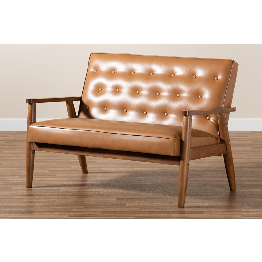 Leather Upholstered and Walnut Brown Finished Wood Loveseat. Picture 8