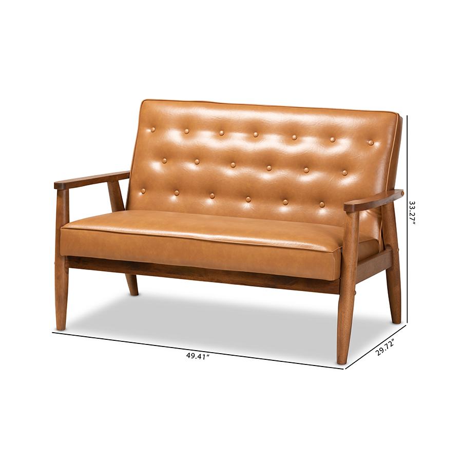 Leather Upholstered and Walnut Brown Finished Wood Loveseat. Picture 9