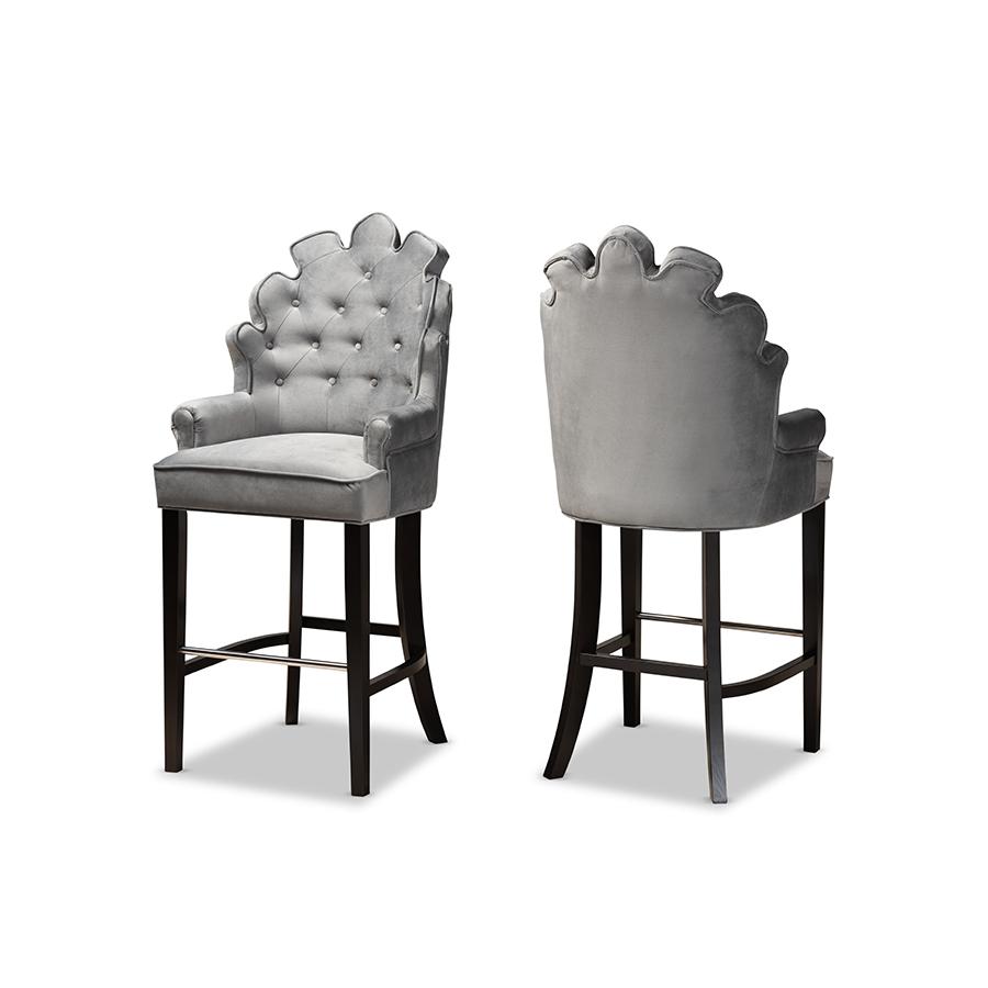 Dark Grey Velvet Upholstered and Dark Brown Finished Wood 2-Piece Bar Stool Set. Picture 1