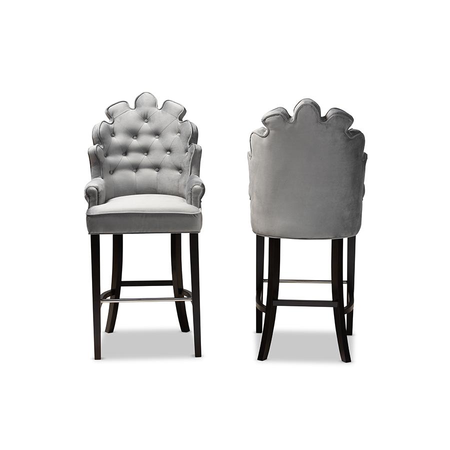 Dark Grey Velvet Upholstered and Dark Brown Finished Wood 2-Piece Bar Stool Set. Picture 2