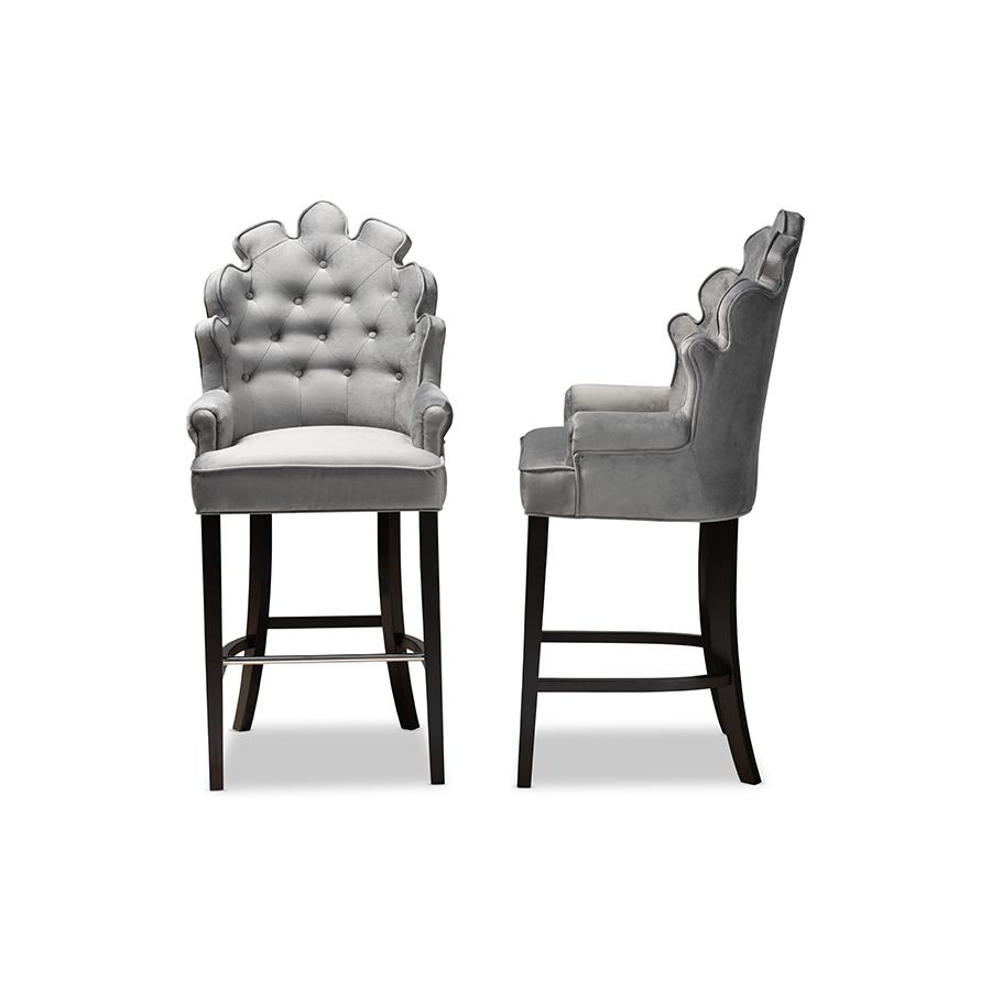 Dark Grey Velvet Upholstered and Dark Brown Finished Wood 2-Piece Bar Stool Set. Picture 3