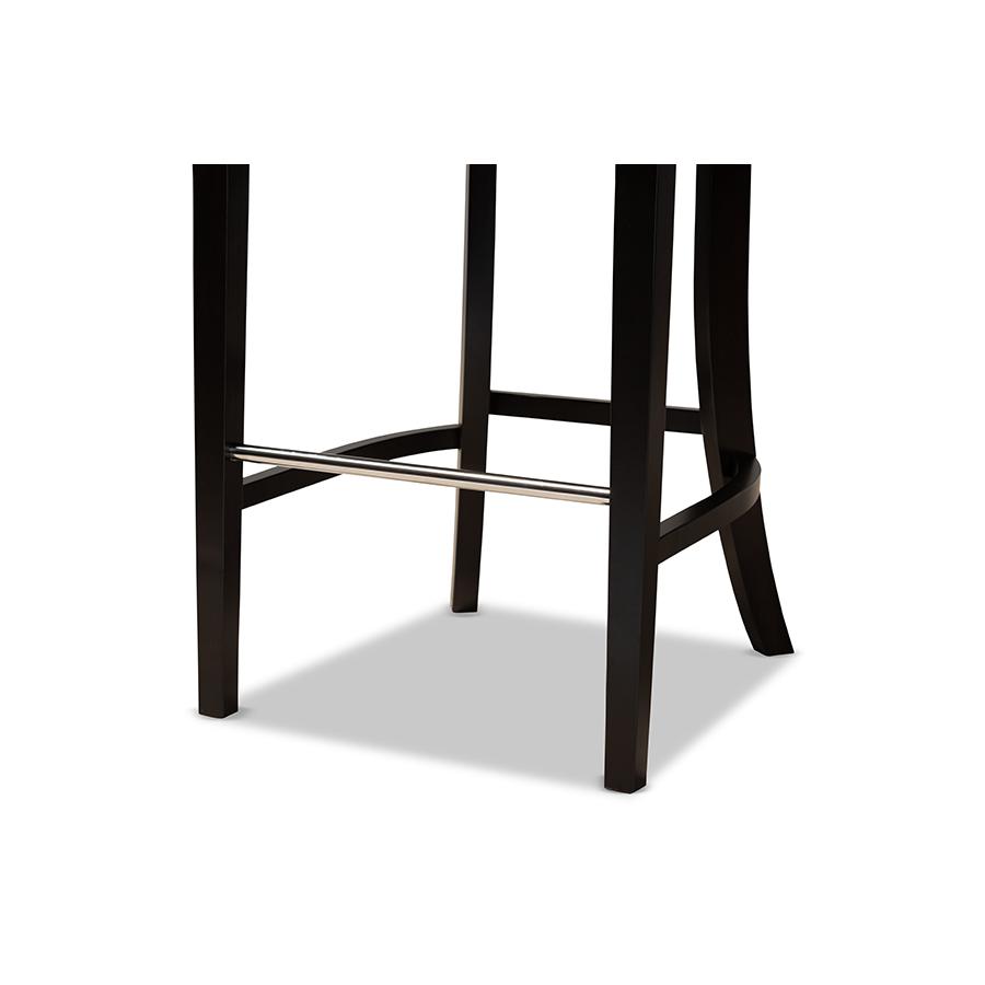 Dark Grey Velvet Upholstered and Dark Brown Finished Wood 2-Piece Bar Stool Set. Picture 5