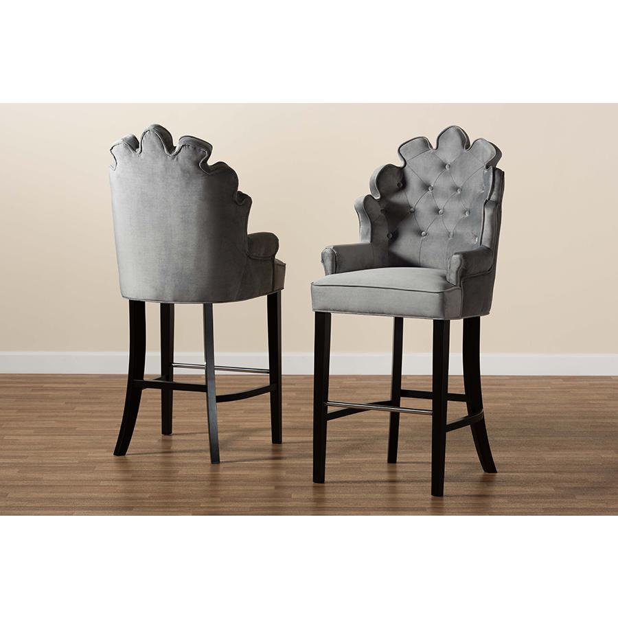 Dark Grey Velvet Upholstered and Dark Brown Finished Wood 2-Piece Bar Stool Set. Picture 7