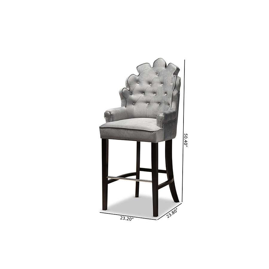 Dark Grey Velvet Upholstered and Dark Brown Finished Wood 2-Piece Bar Stool Set. Picture 8