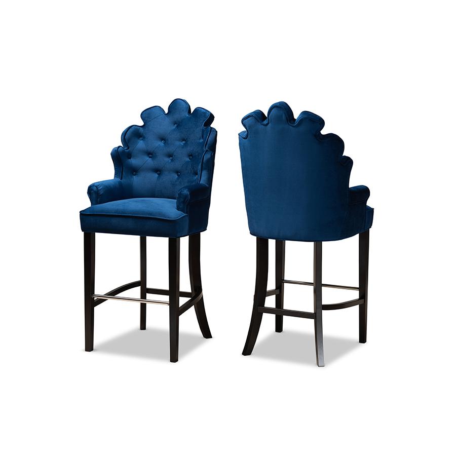 Navy Blue Velvet Upholstered and Dark Brown Finished Wood 2-Piece Bar Stool Set. Picture 1