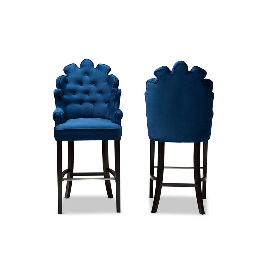 Navy Blue Velvet Upholstered and Dark Brown Finished Wood 2-Piece Bar Stool Set. Picture 2