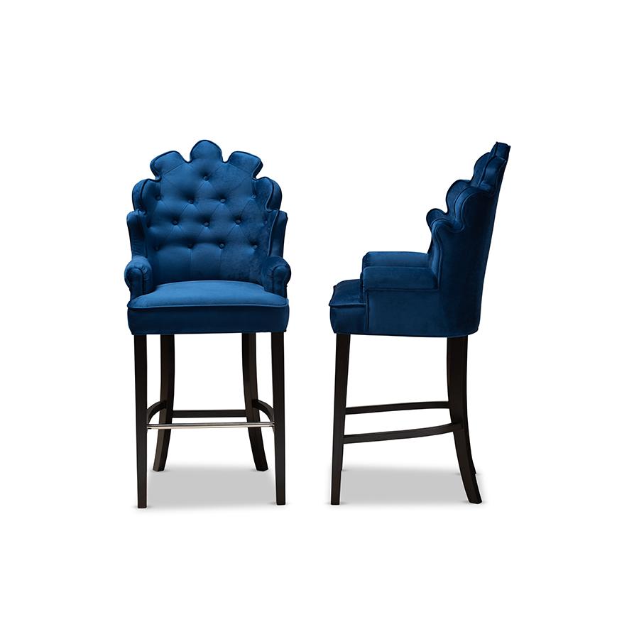Navy Blue Velvet Upholstered and Dark Brown Finished Wood 2-Piece Bar Stool Set. Picture 3
