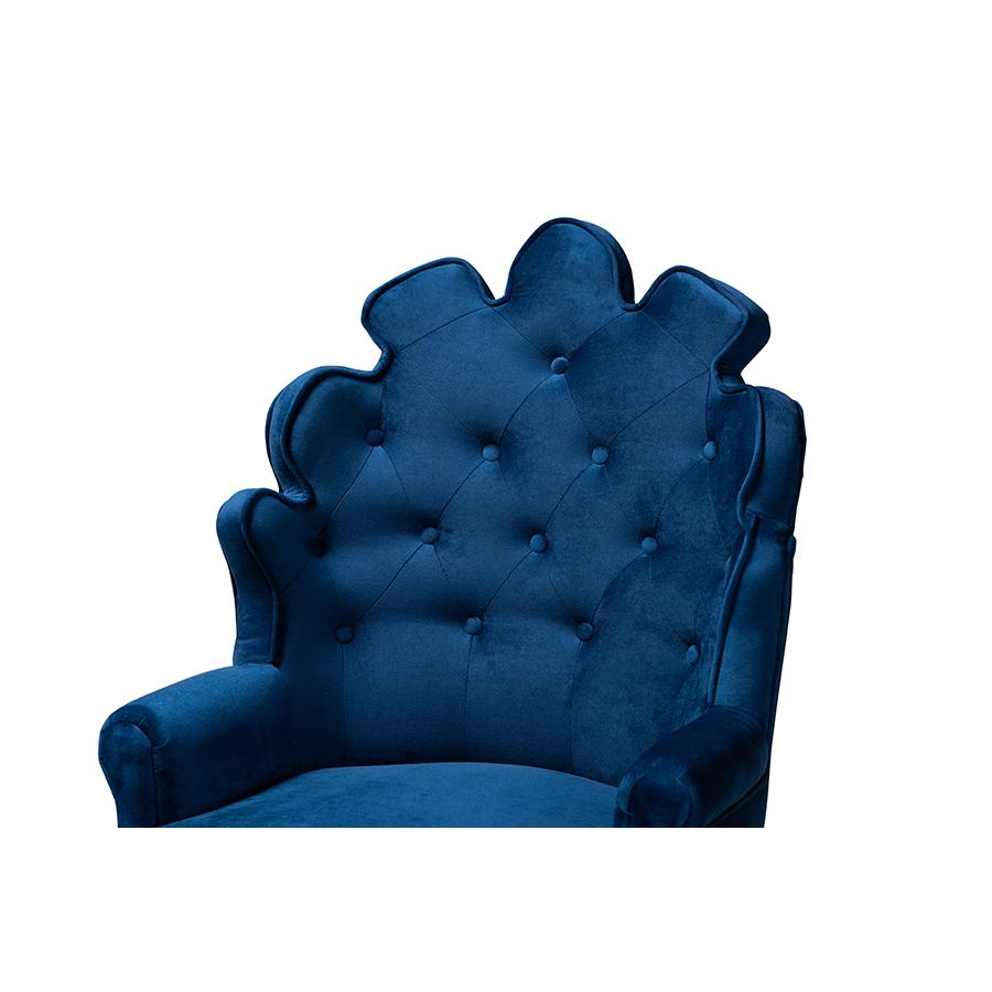 Navy Blue Velvet Upholstered and Dark Brown Finished Wood 2-Piece Bar Stool Set. Picture 4