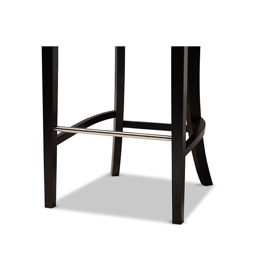 Navy Blue Velvet Upholstered and Dark Brown Finished Wood 2-Piece Bar Stool Set. Picture 5