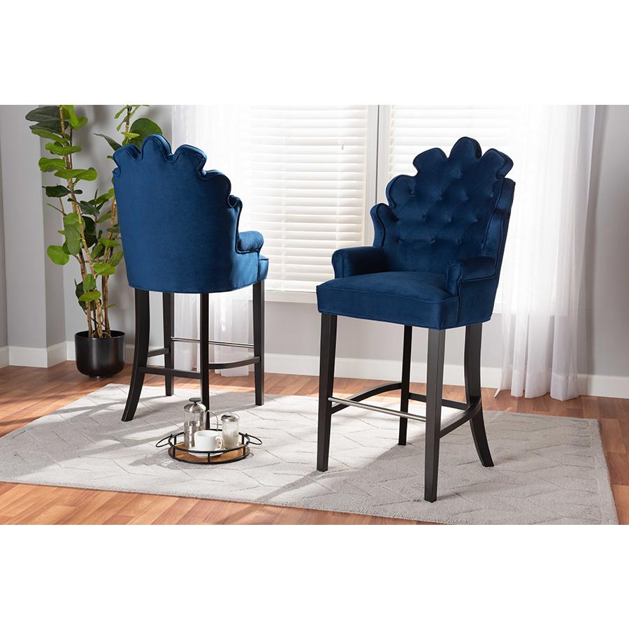 Navy Blue Velvet Upholstered and Dark Brown Finished Wood 2-Piece Bar Stool Set. Picture 6
