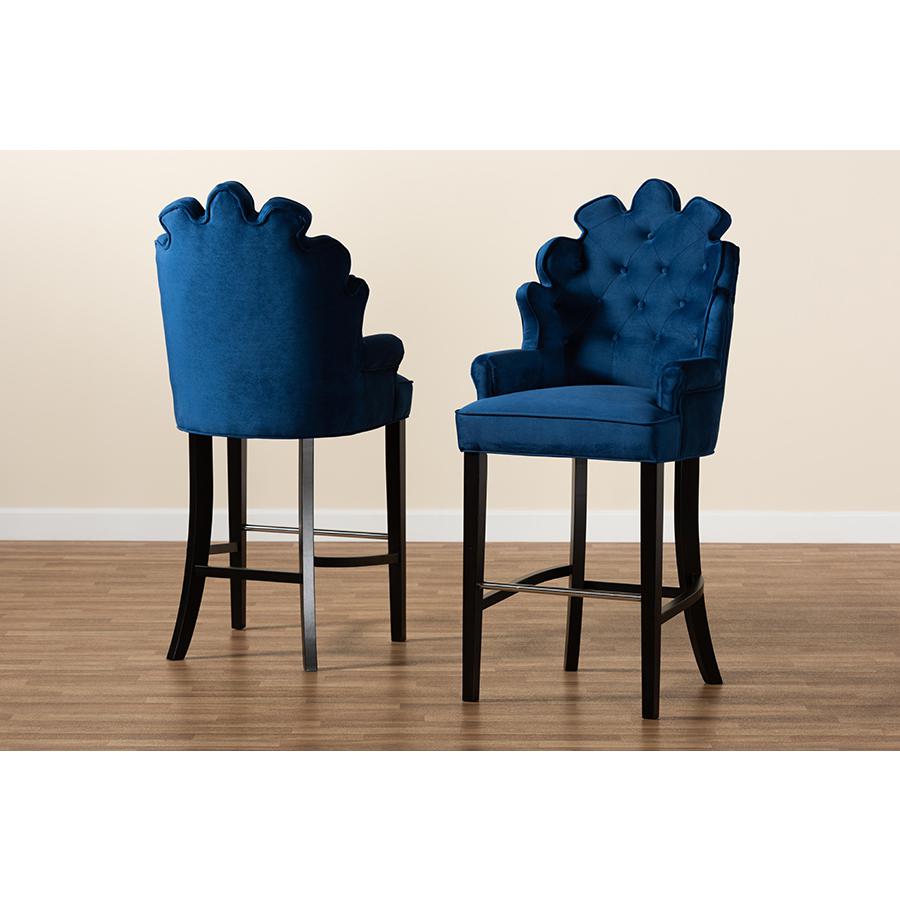 Navy Blue Velvet Upholstered and Dark Brown Finished Wood 2-Piece Bar Stool Set. Picture 7