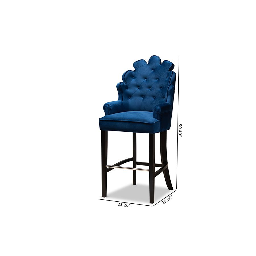 Navy Blue Velvet Upholstered and Dark Brown Finished Wood 2-Piece Bar Stool Set. Picture 8