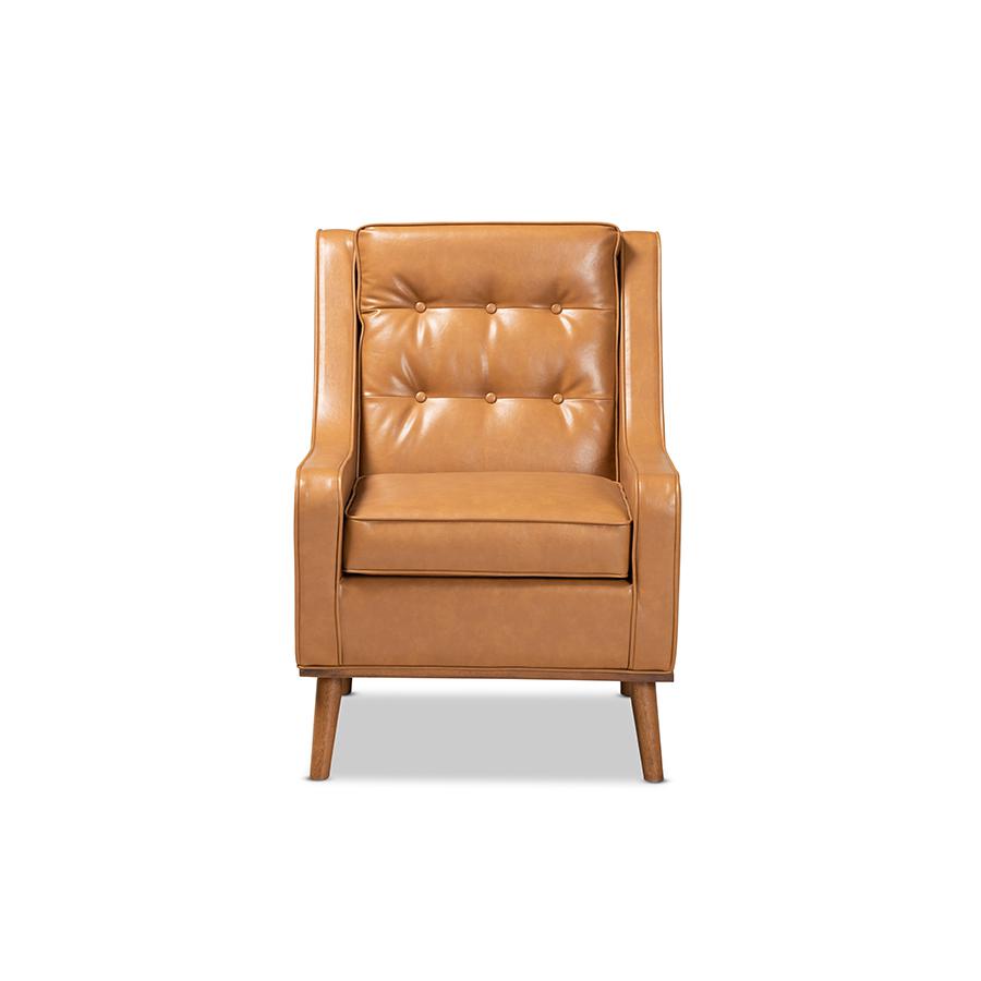 Tan Faux Leather Upholstered and Walnut Brown Finished Wood Lounge Armchair. Picture 2