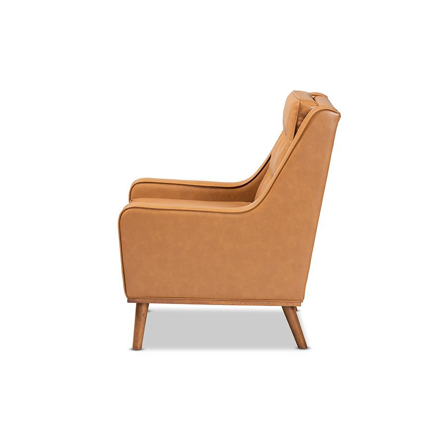 Tan Faux Leather Upholstered and Walnut Brown Finished Wood Lounge Armchair. Picture 3