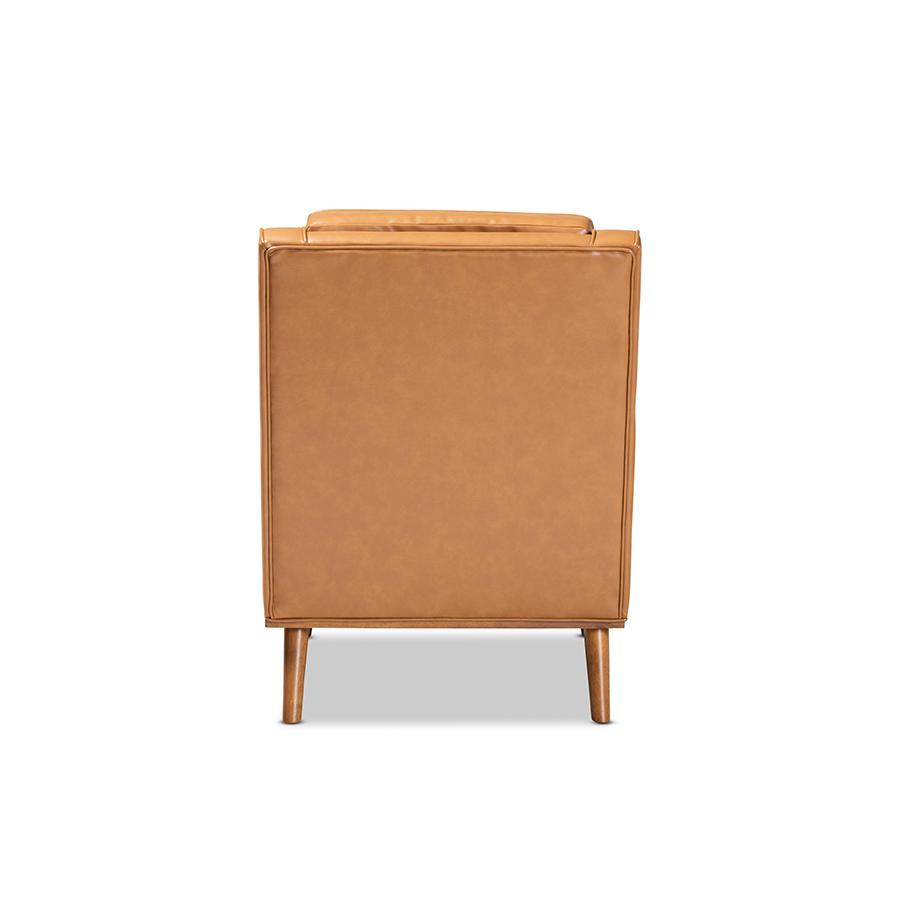 Tan Faux Leather Upholstered and Walnut Brown Finished Wood Lounge Armchair. Picture 4