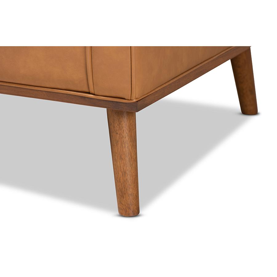 Tan Faux Leather Upholstered and Walnut Brown Finished Wood Lounge Armchair. Picture 7