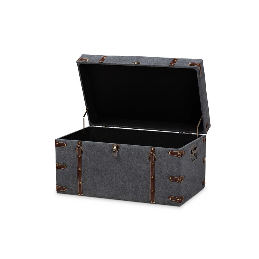 Transitional Grey Fabric Upholstered Storage Trunk Ottoman. Picture 2