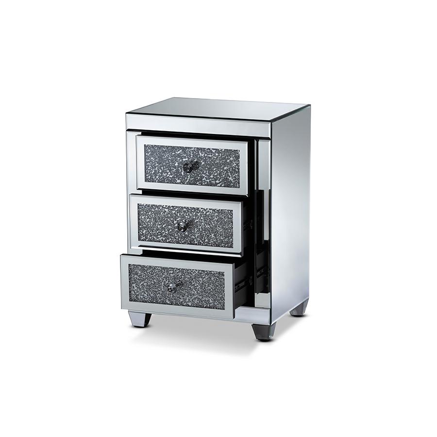 Ralston Contemporary Glam and Luxe Mirrored 3-Drawer Nightstand. Picture 2