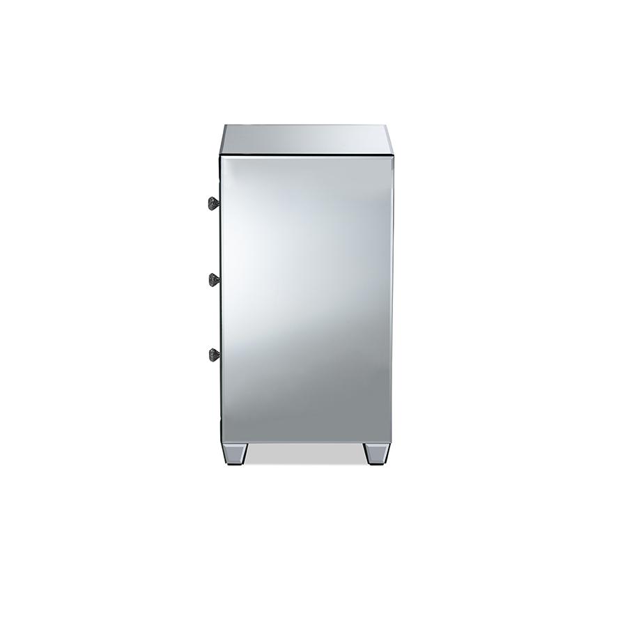 Ralston Contemporary Glam and Luxe Mirrored 3-Drawer Nightstand. Picture 4