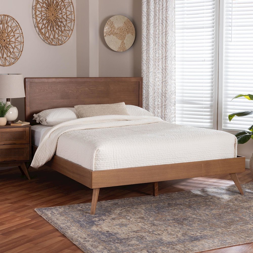 Mid-Century Wood Bed Frame with Panel Headboard and Angled Legs, Full. Picture 2