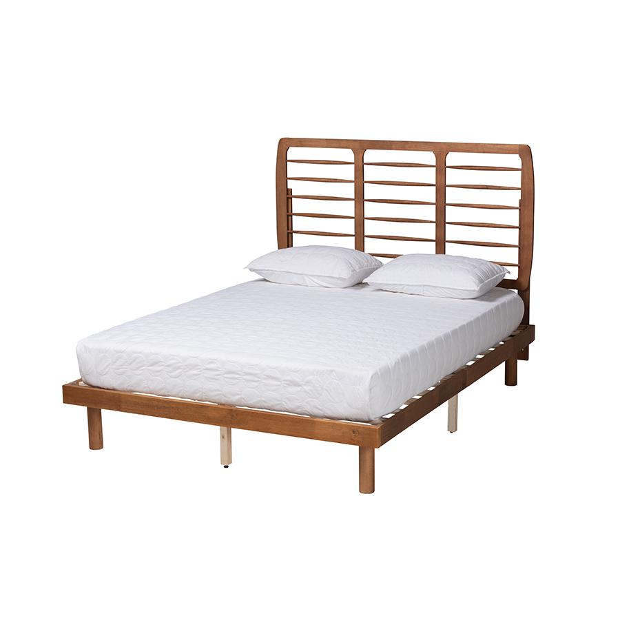 Petra Mid-Century Modern Ash Walnut Finished Wood Full Size Platform Bed. Picture 1
