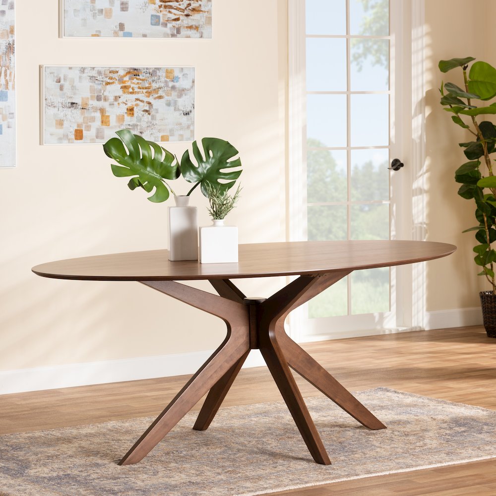 Monte Mid-Century Modern Walnut Brown Finished Wood 71-Inch Oval Dining Table. Picture 1