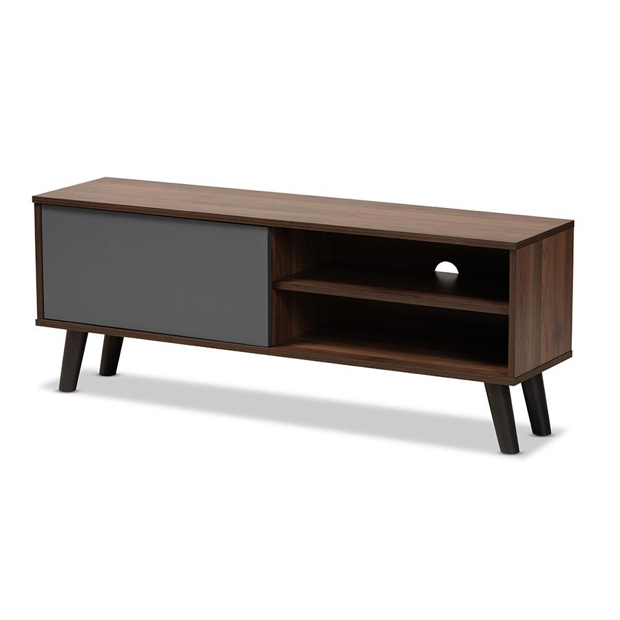 Two-Tone Walnut Brown and Grey Finished Wood TV Stand. Picture 1