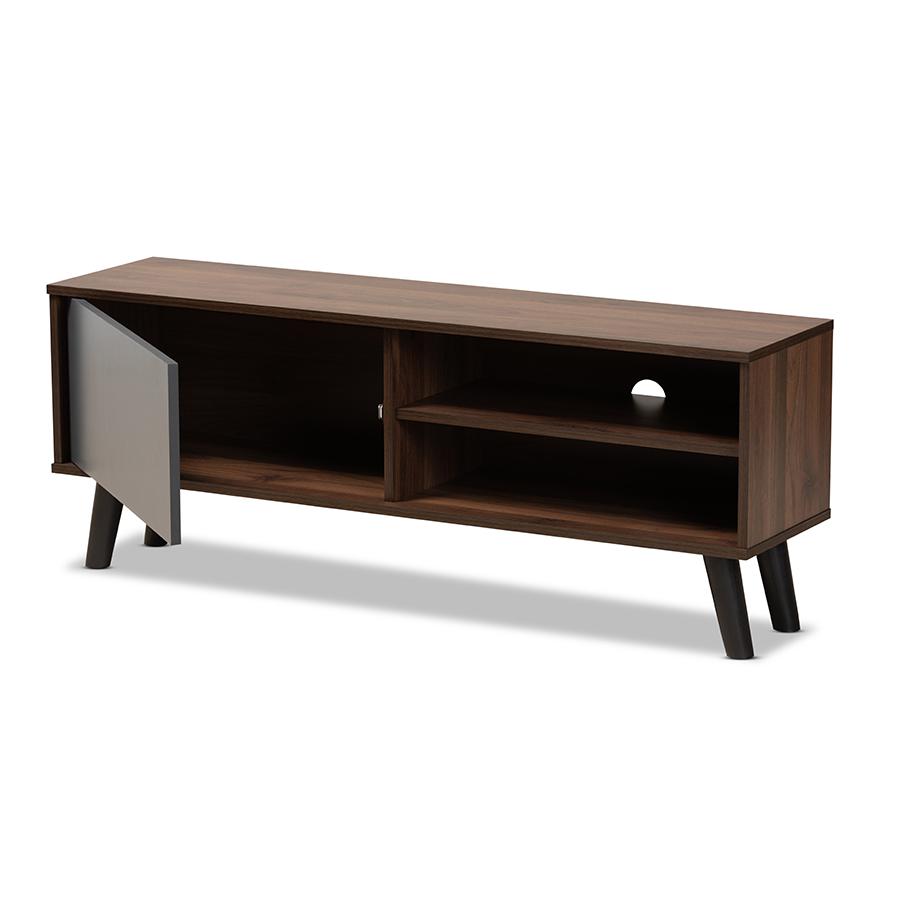 Two-Tone Walnut Brown and Grey Finished Wood TV Stand. Picture 2