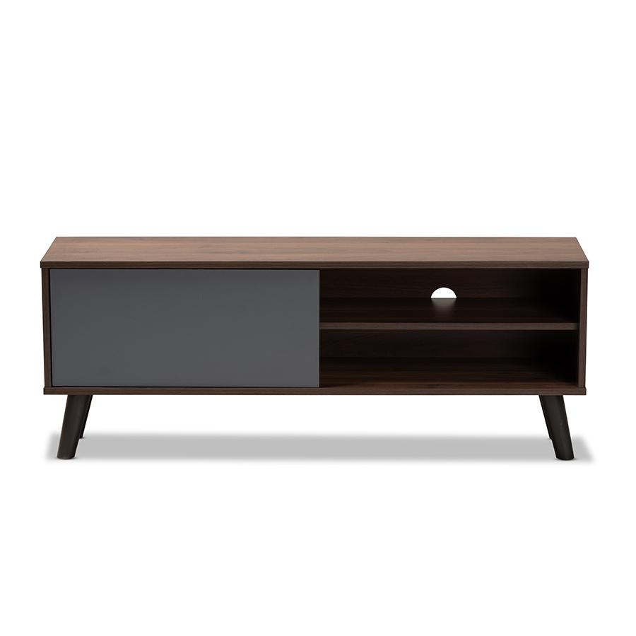 Two-Tone Walnut Brown and Grey Finished Wood TV Stand. Picture 3