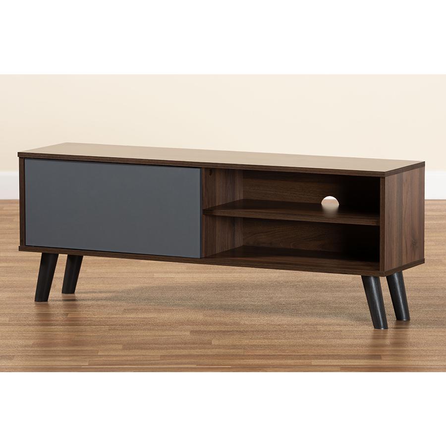 Two-Tone Walnut Brown and Grey Finished Wood TV Stand. Picture 7