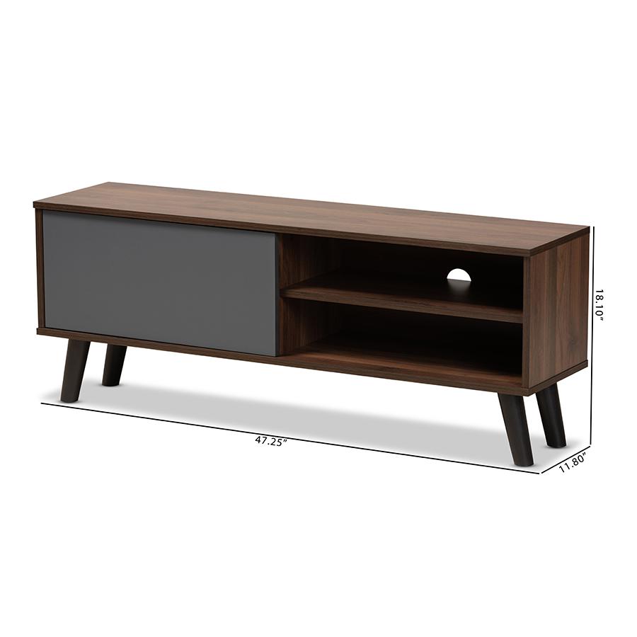 Two-Tone Walnut Brown and Grey Finished Wood TV Stand. Picture 8