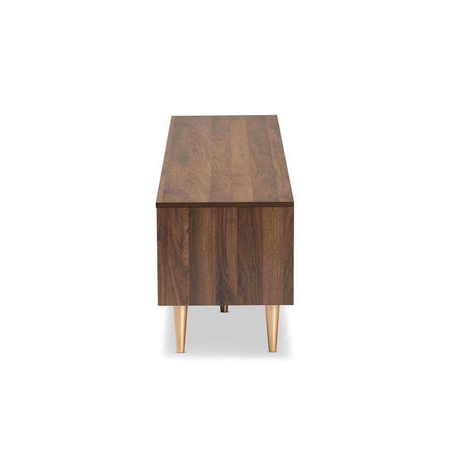 Landen Mid-Century Modern Walnut Brown and Gold Finished Wood TV Stand. Picture 4