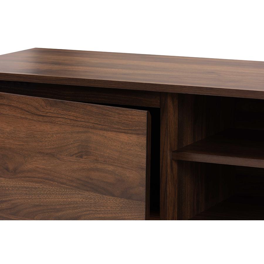 Landen Mid-Century Modern Walnut Brown and Gold Finished Wood TV Stand. Picture 5