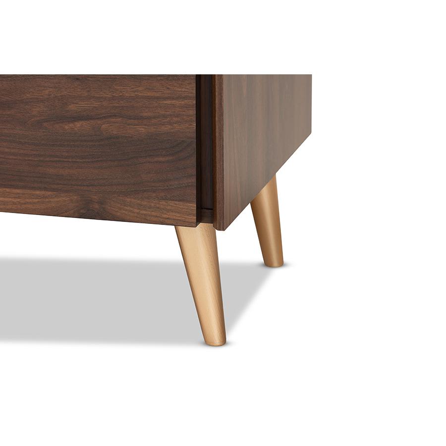 Landen Mid-Century Modern Walnut Brown and Gold Finished Wood TV Stand. Picture 6