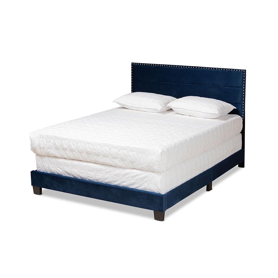 Glam Navy Blue Velvet Fabric Upholstered Queen Size Panel Bed. Picture 1