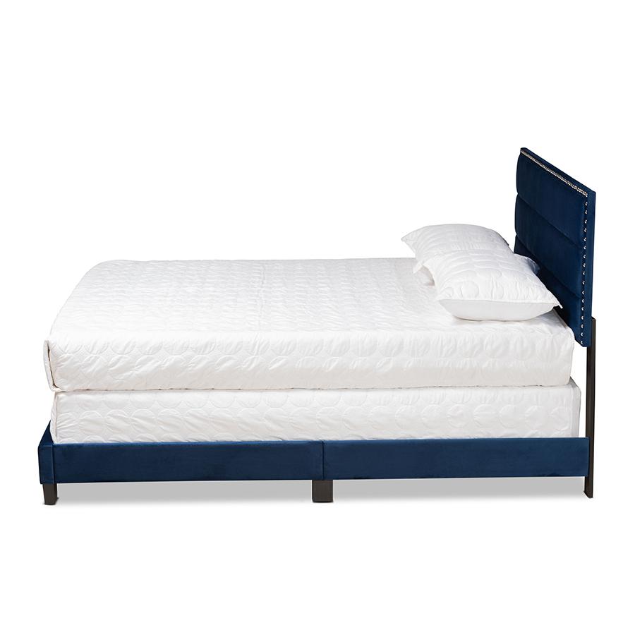 Glam Navy Blue Velvet Fabric Upholstered Queen Size Panel Bed. Picture 2